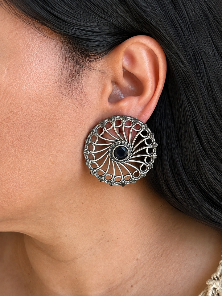 Antique Silver Mandala Stud Earrings, Large Black Stone Round Filigree Tops