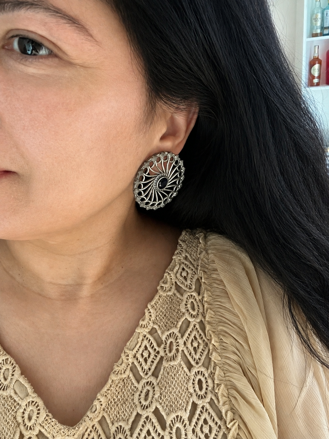 Antique Silver Mandala Stud Earrings, Large Black Stone Round Filigree Tops