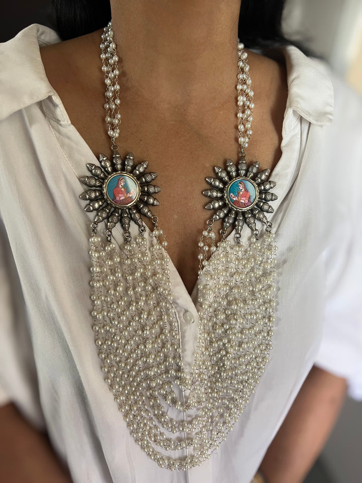 Antique Oxidized Silver Necklace with Hand Painted Portrait Brooches, Multi Strand Pearl Mala