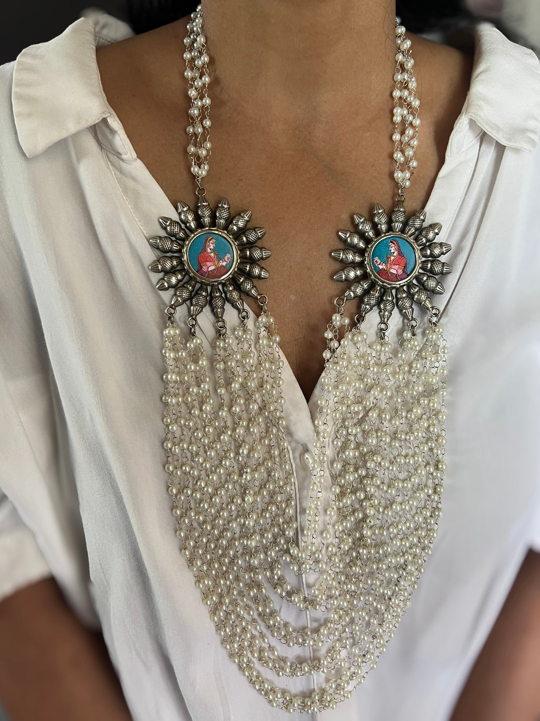 Antique Oxidized Silver Necklace with Hand Painted Portrait Brooches, Multi Strand Pearl Mala