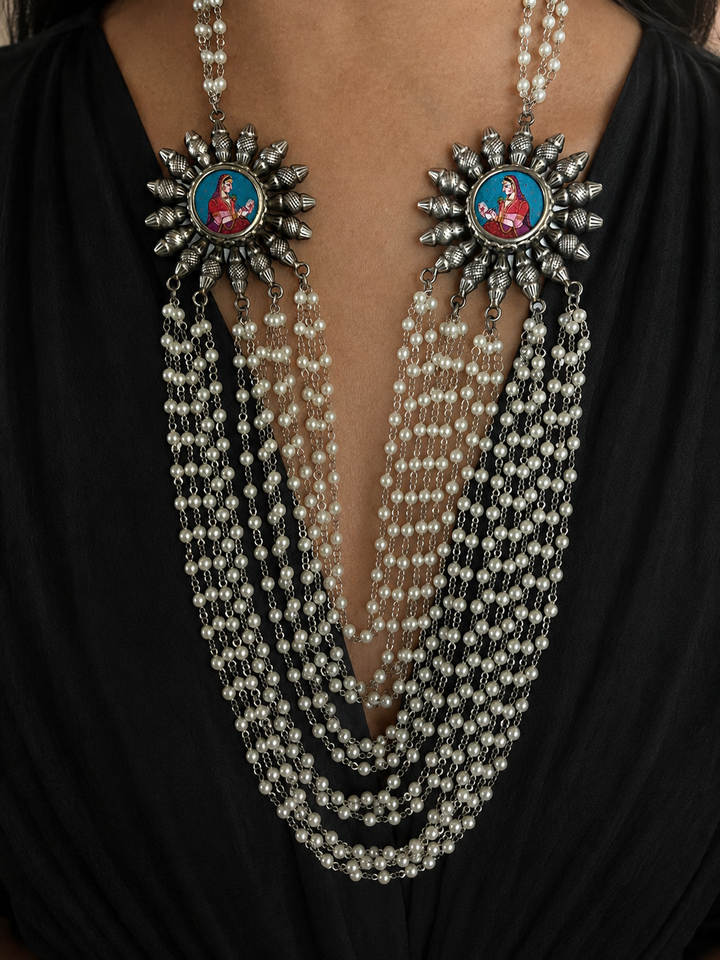 Antique Oxidized Silver Necklace with Hand Painted Portrait Brooches, Multi Strand Pearl Mala