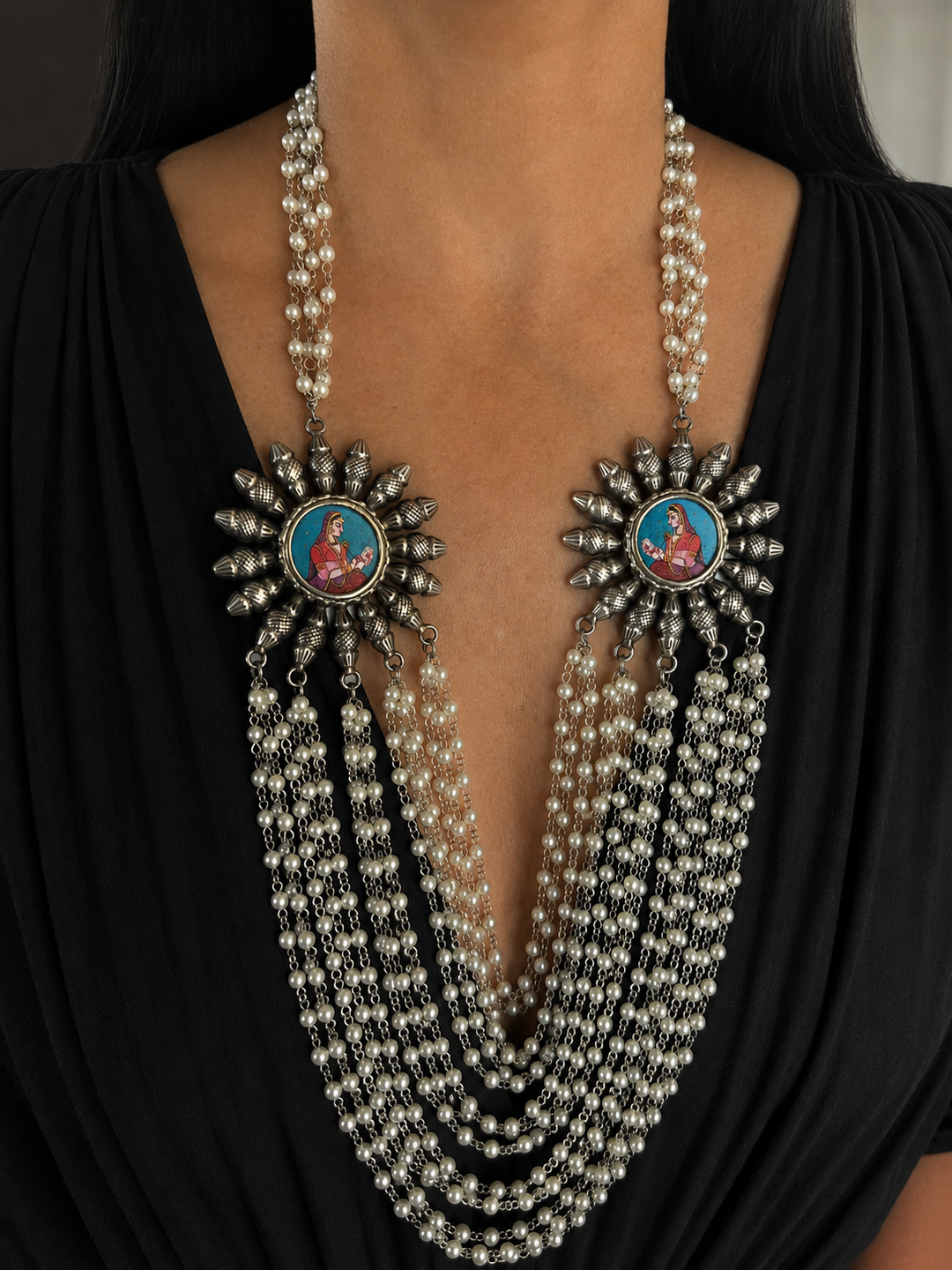 Antique Oxidized Silver Necklace with Hand Painted Portrait Brooches, Multi Strand Pearl Mala
