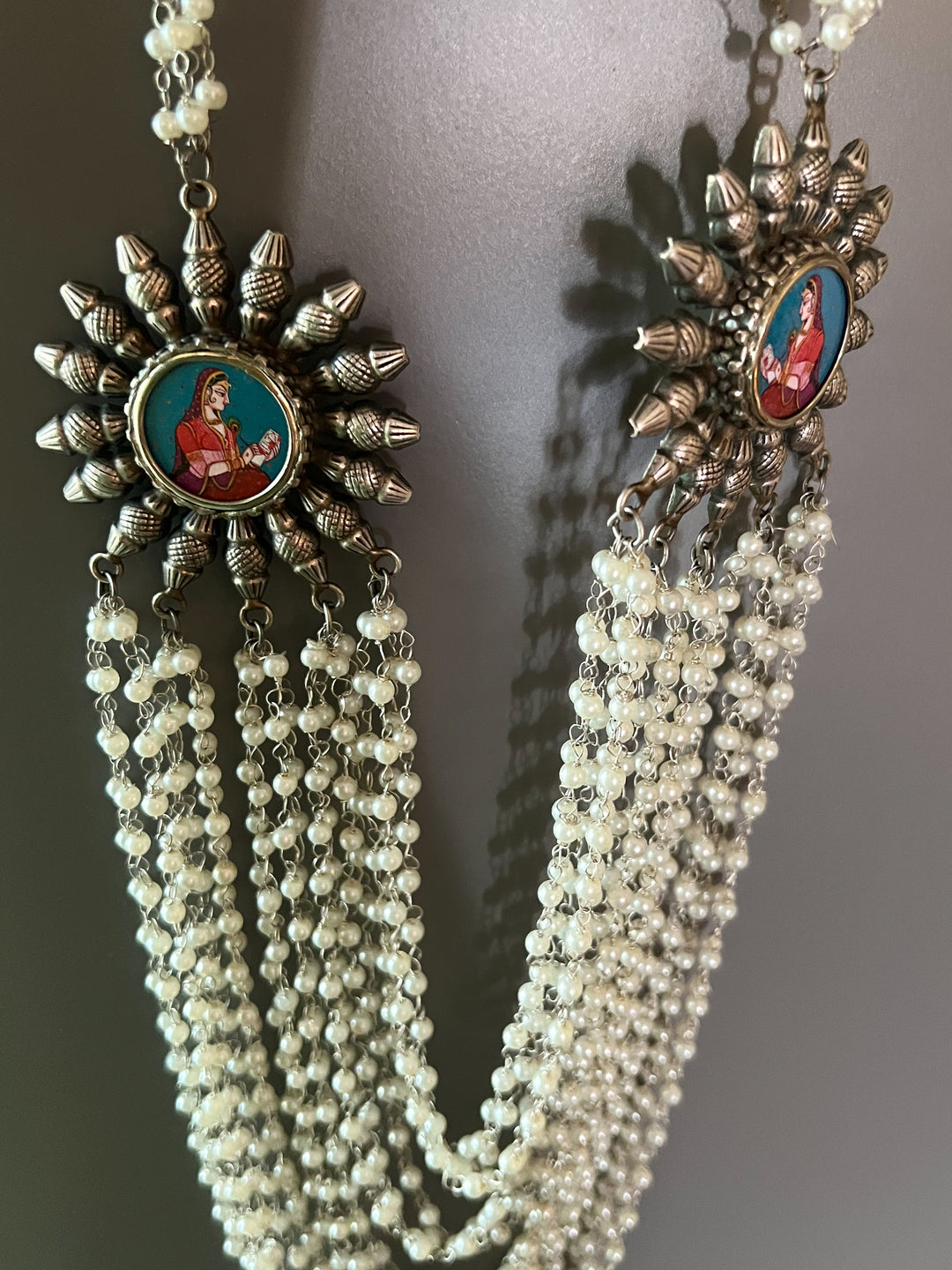 Antique Oxidized Silver Necklace with Hand Painted Portrait Brooches, Multi Strand Pearl Mala