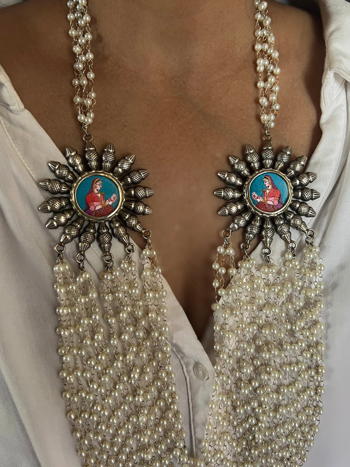Antique Oxidized Silver Necklace with Hand Painted Portrait Brooches, Multi Strand Pearl Mala
