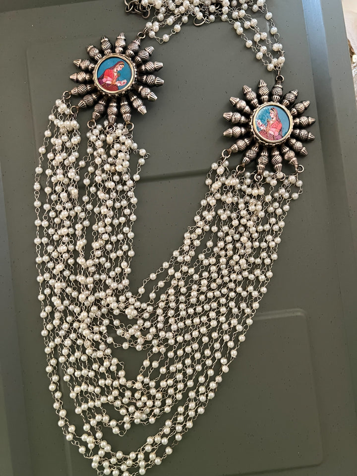 Antique Oxidized Silver Necklace with Hand Painted Portrait Brooches, Multi Strand Pearl Mala