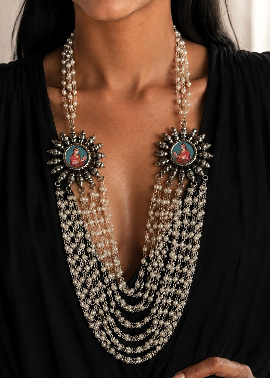 Antique Oxidized Silver Necklace with Hand Painted Portrait Brooches, Multi Strand Pearl Mala