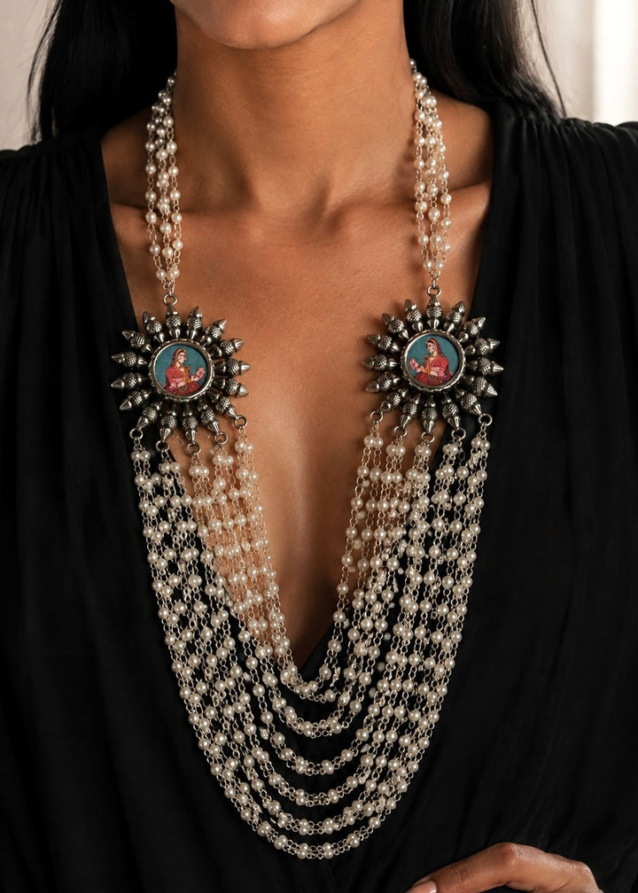 Antique Oxidized Silver Necklace with Hand Painted Portrait Brooches, Multi Strand Pearl Mala