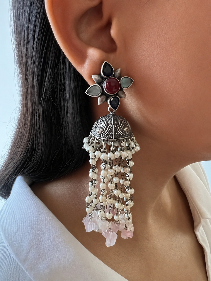 Handcrafted Silver Look Jhumka Earrings with Pearl Tassels