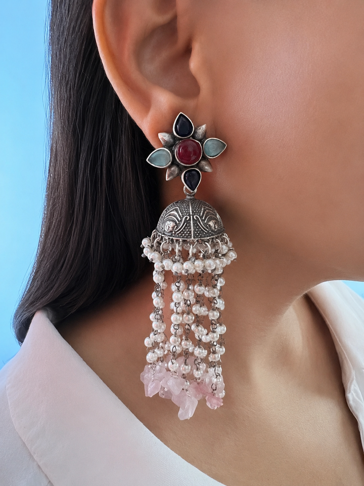 Handcrafted Silver Look Jhumka Earrings with Pearl Tassels