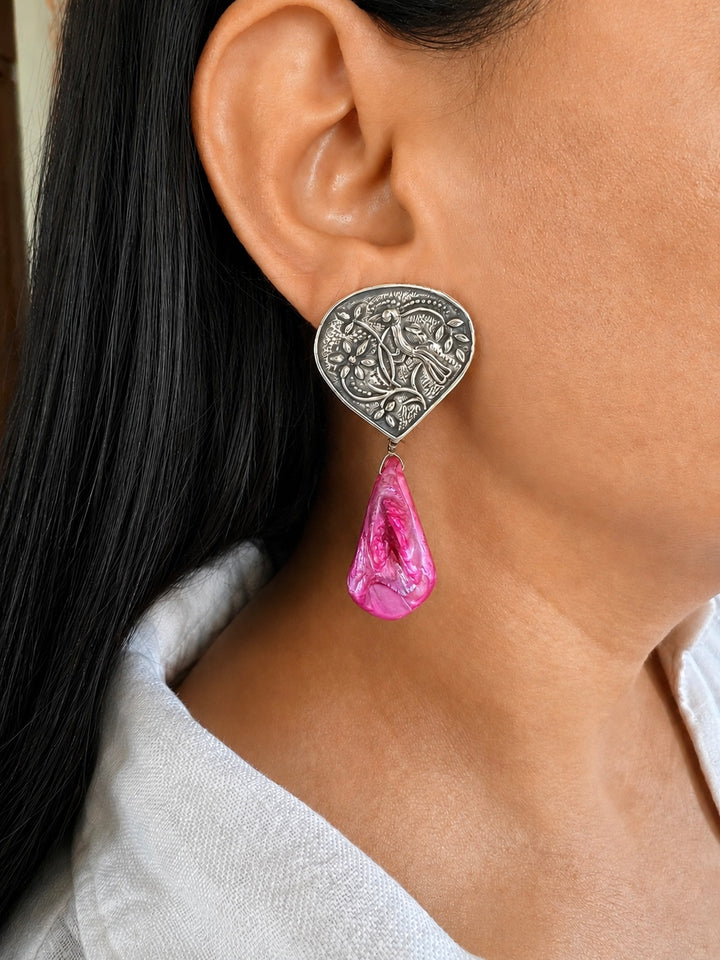 Handcrafted Antique Brass Bird Motif Earrings, Pink Teardrop Stone Drops