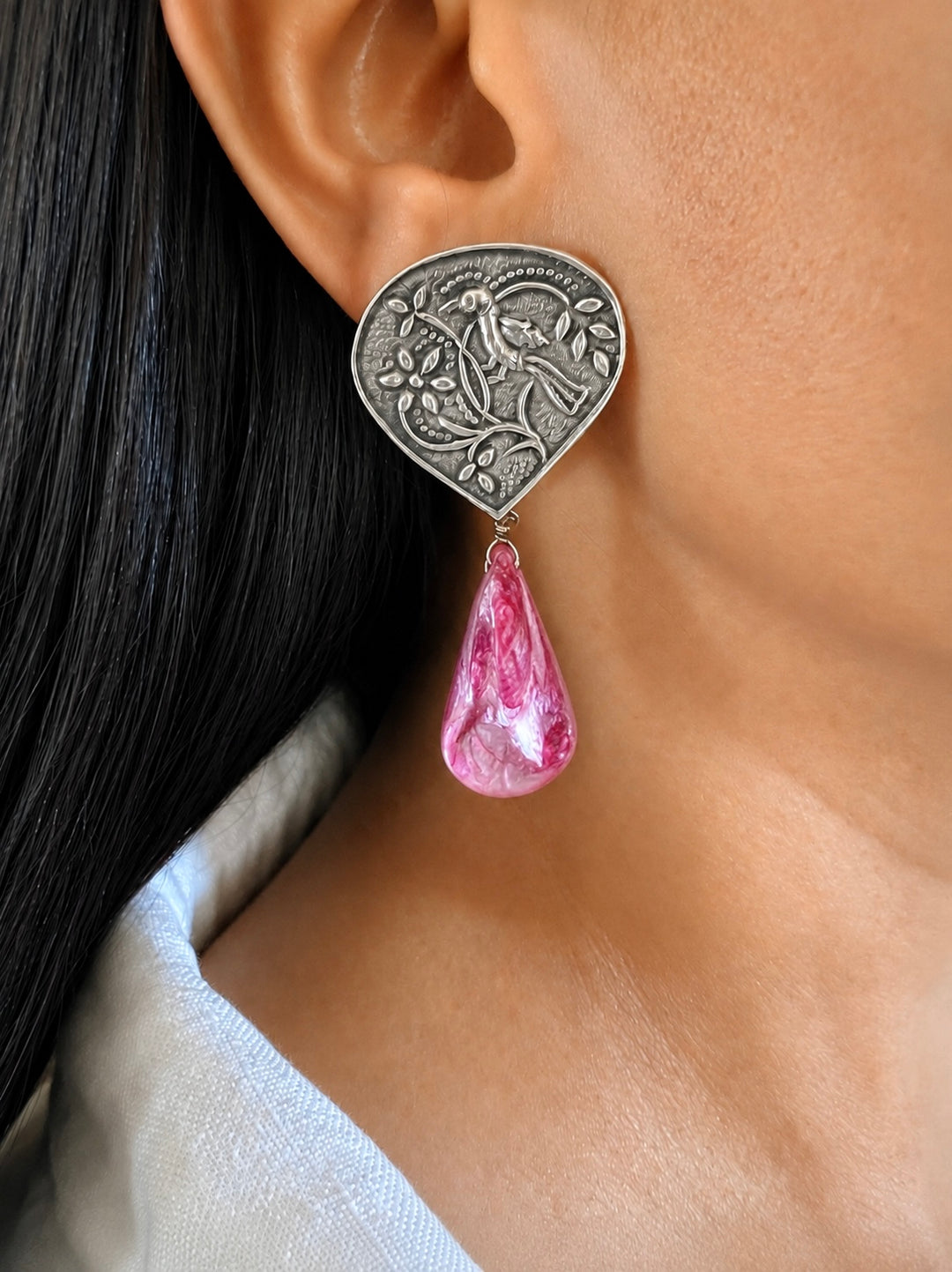 Handcrafted Antique Brass Bird Motif Earrings, Pink Teardrop Stone Drops