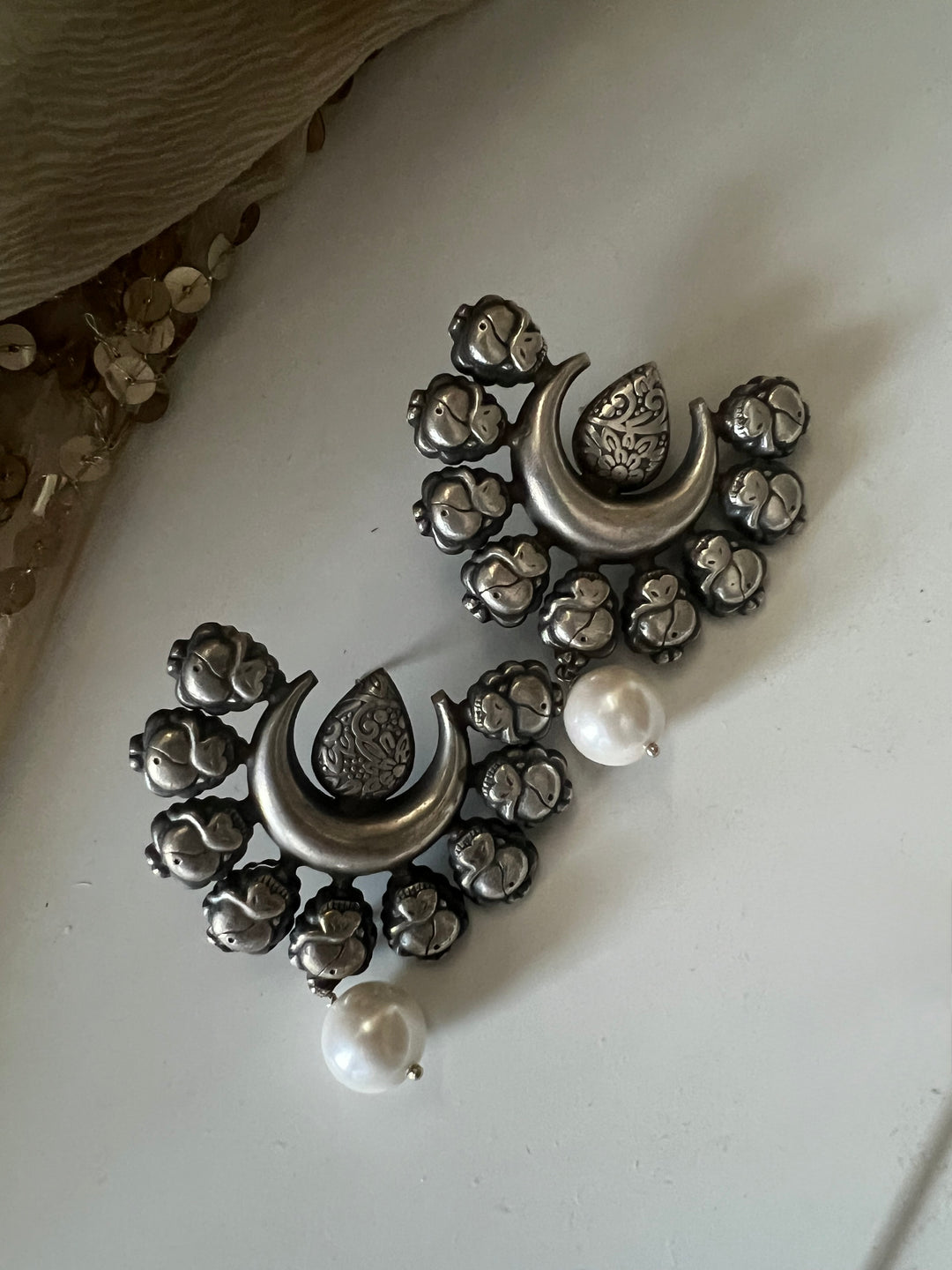 Handcrafted Crescent Tribal Pearl Drop Brass Earrings