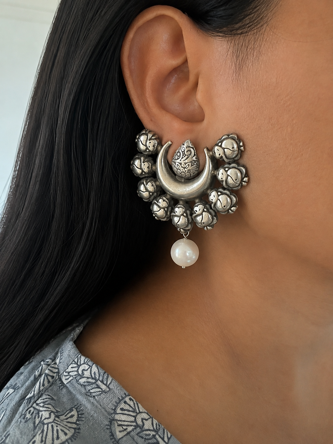 Handcrafted Crescent Tribal Pearl Drop Brass Earrings