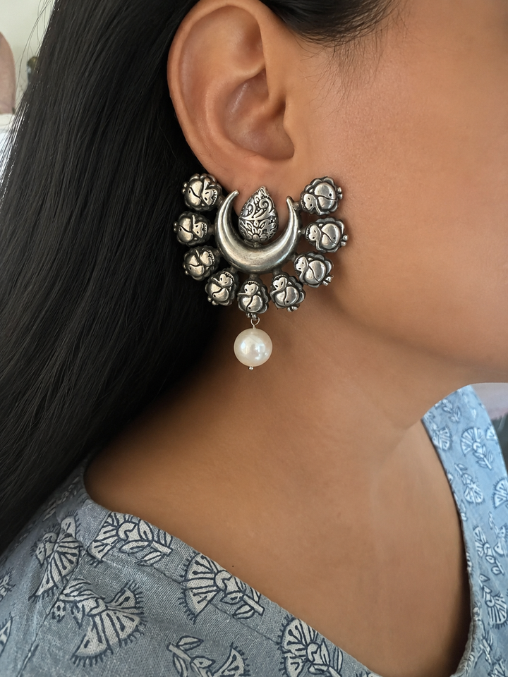 Handcrafted Crescent Tribal Pearl Drop Brass Earrings