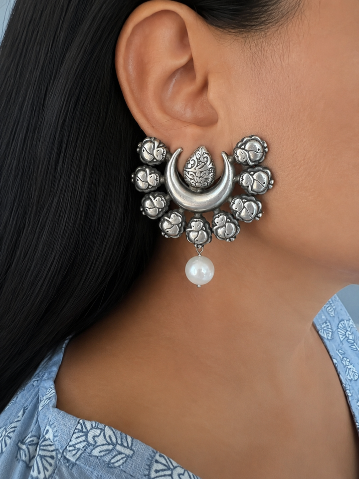 Handcrafted Crescent Tribal Pearl Drop Brass Earrings