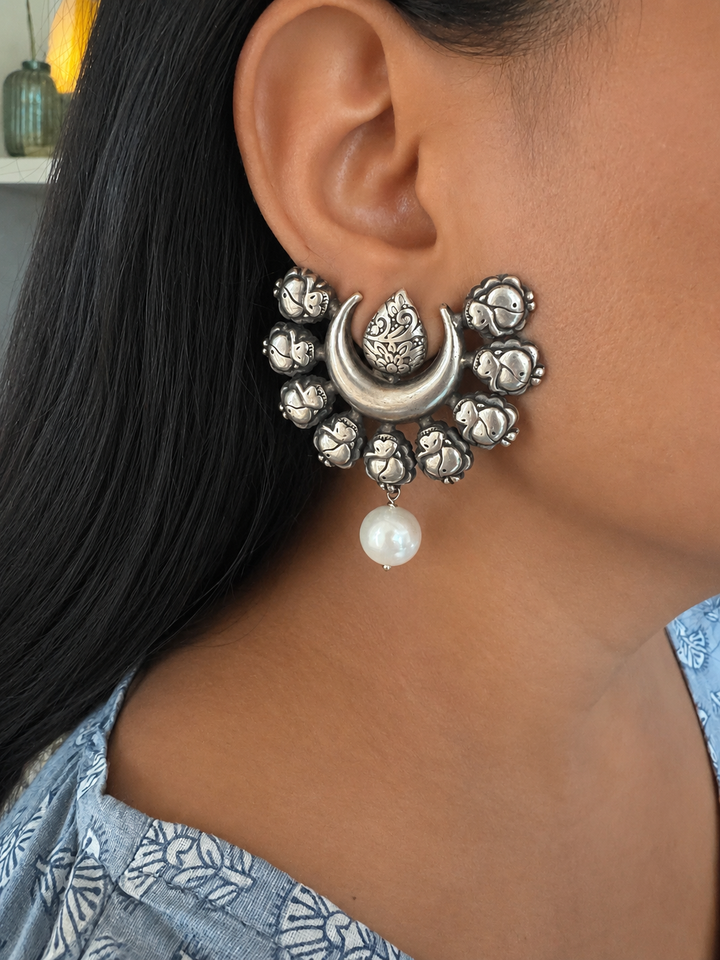 Handcrafted Crescent Tribal Pearl Drop Brass Earrings