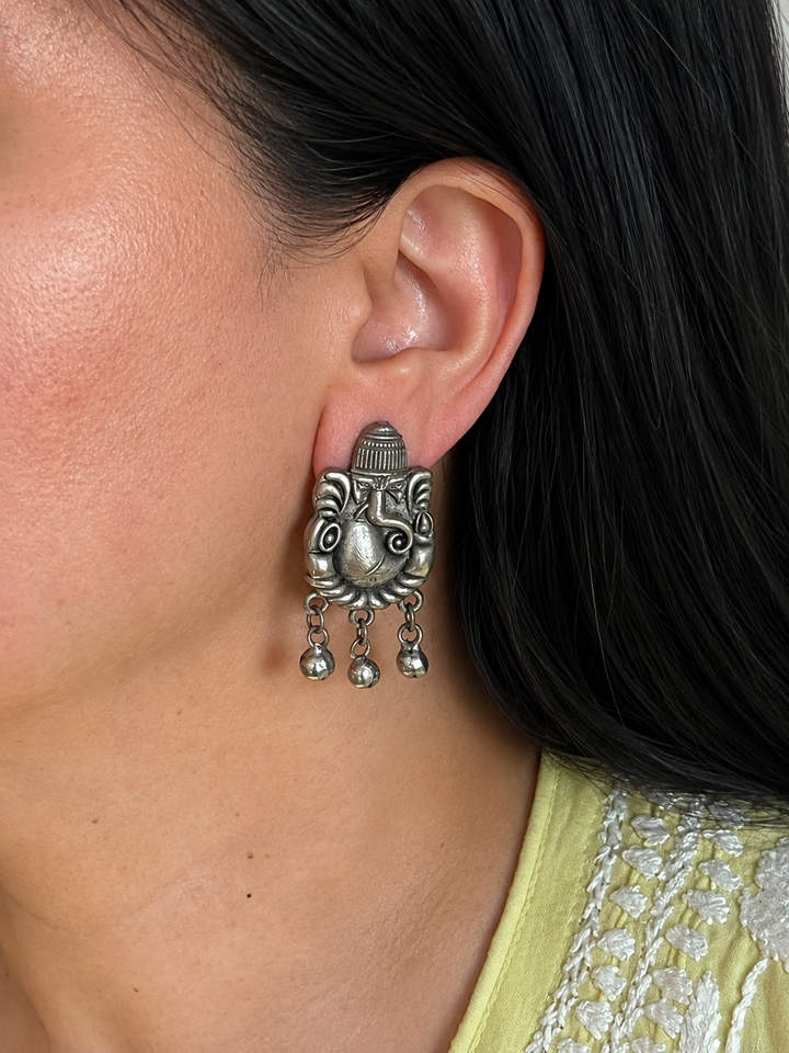 Ganesha Earrings with Ghungroo Tassels, Antique Brass