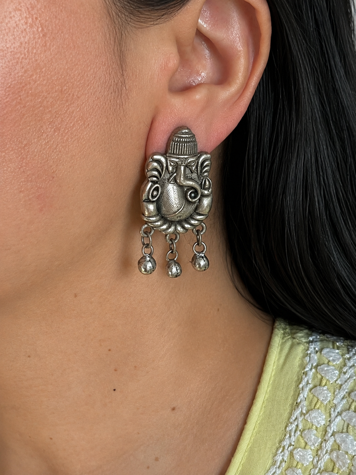Ganesha Earrings with Ghungroo Tassels, Antique Brass