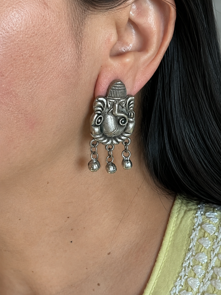 Ganesha Earrings with Ghungroo Tassels, Antique Brass
