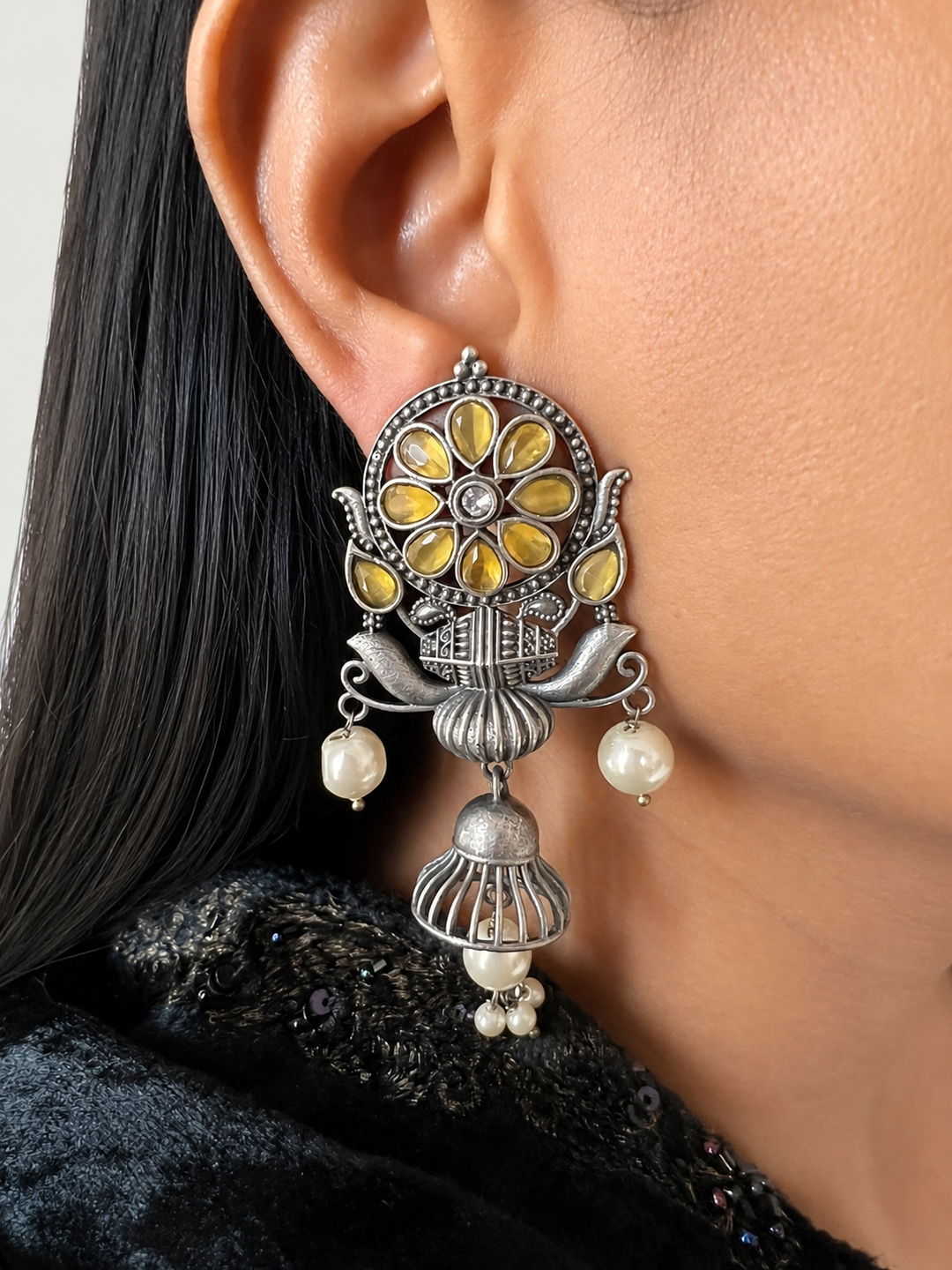 Handcrafted Antique Silver Finish Earrings with Yellow Stones & Pearls
