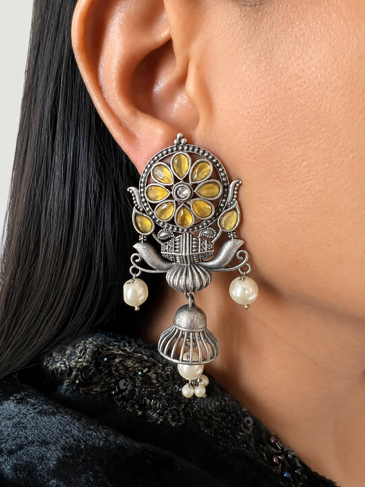 Handcrafted Antique Silver Finish Earrings with Yellow Stones & Pearls