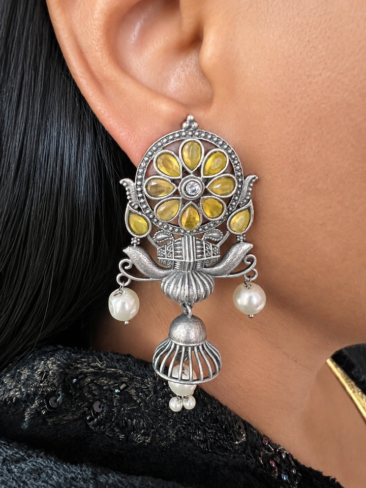 Handcrafted Antique Silver Finish Earrings with Yellow Stones & Pearls