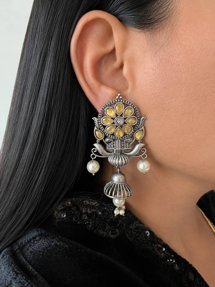Handcrafted Antique Silver Finish Earrings with Yellow Stones & Pearls