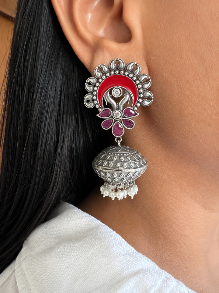 Handcrafted Red Enamel Jhumka Earrings, Oxidized Brass Floral Dome Dangles