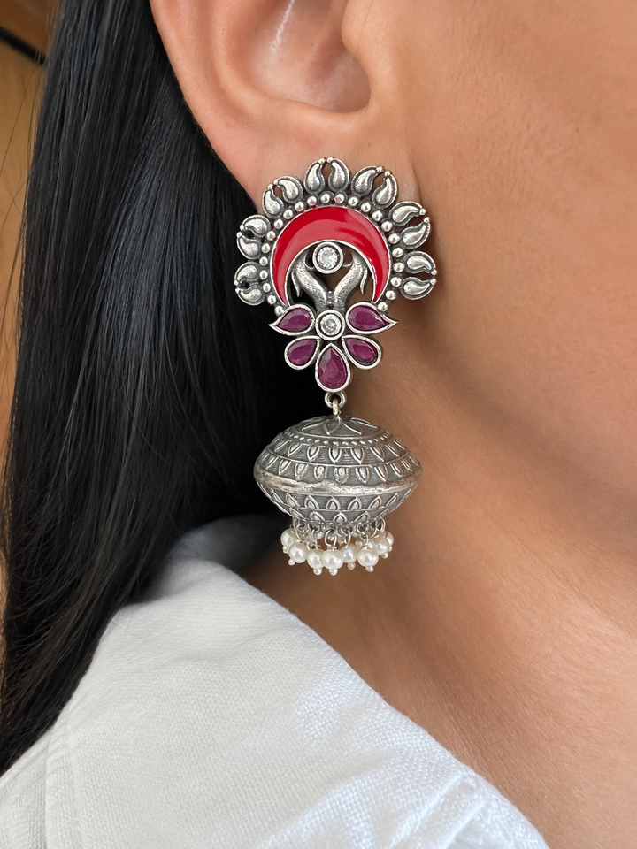 Handcrafted Red Enamel Jhumka Earrings, Oxidized Brass Floral Dome Dangles