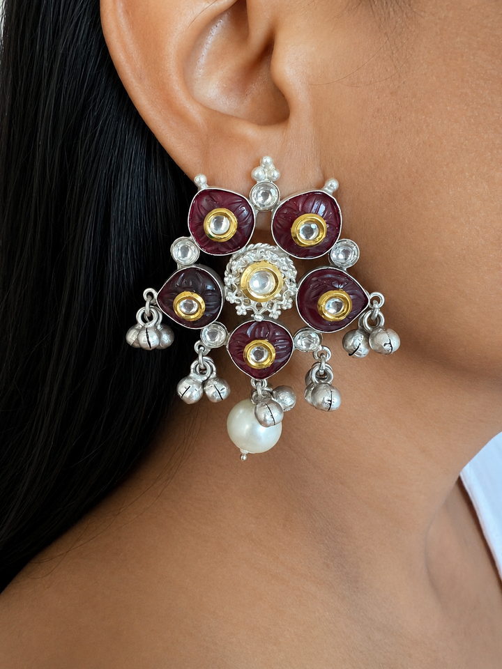 Handmade Vintage Indian Brass Earrings with Kundan, Pearls – Festive Fusion Jewellery