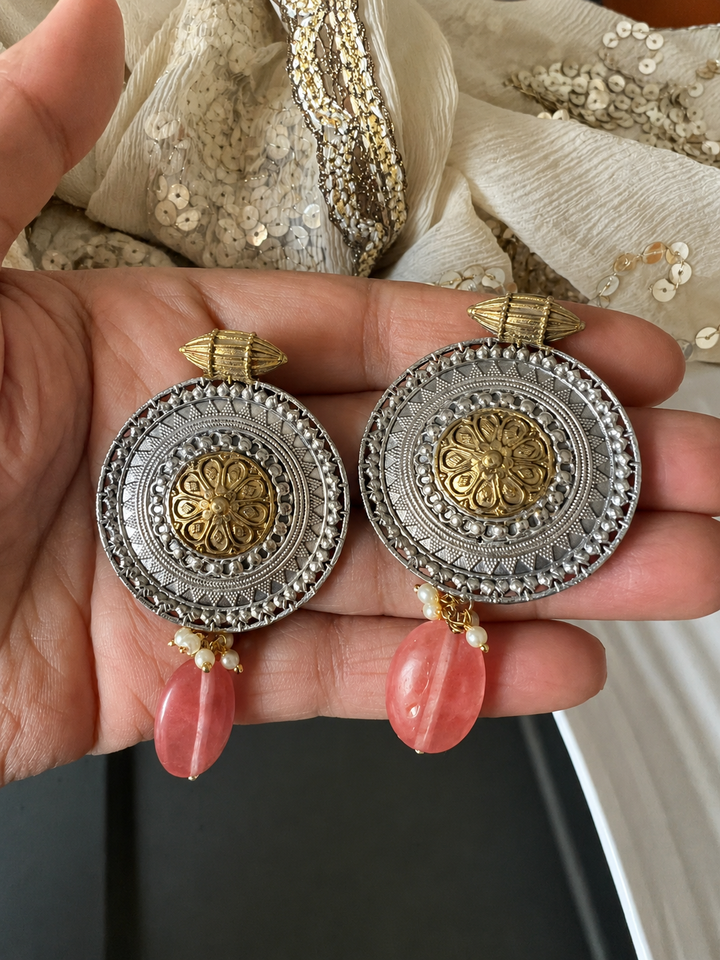 Round Medallion Earrings with Cherry Quartz Drops