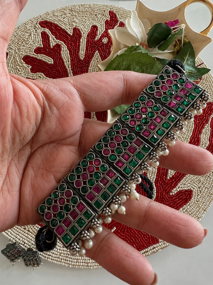 Antique Necklace Set with Green & Pink Stones, Geometric Choker Set