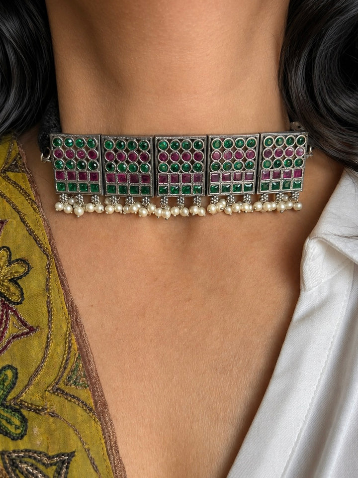 Antique Necklace Set with Green & Pink Stones, Geometric Choker Set