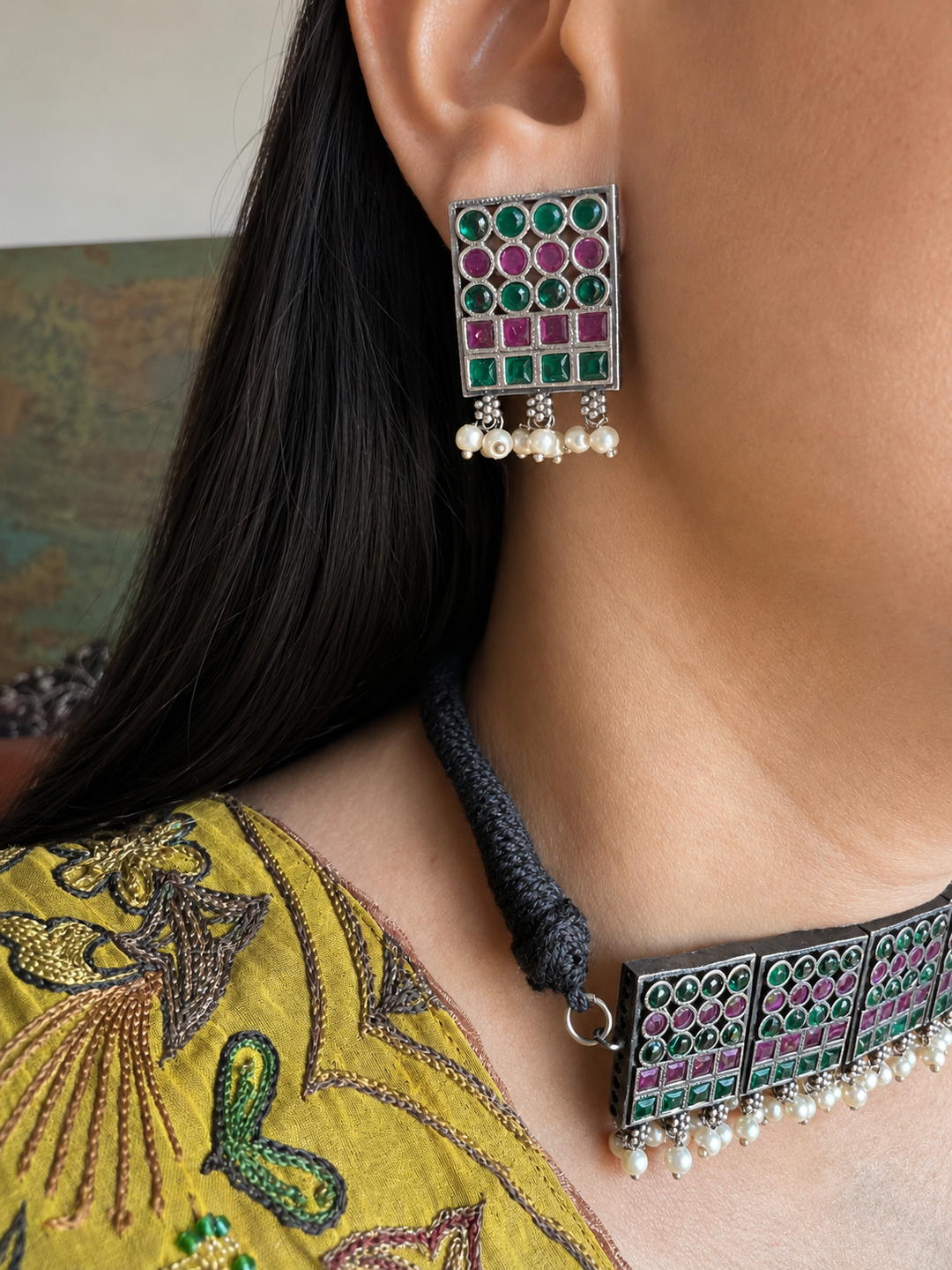 Antique Necklace Set with Green & Pink Stones, Geometric Choker Set