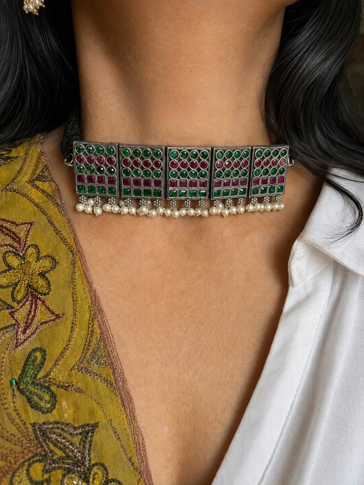 Antique Necklace Set with Green & Pink Stones, Geometric Choker Set