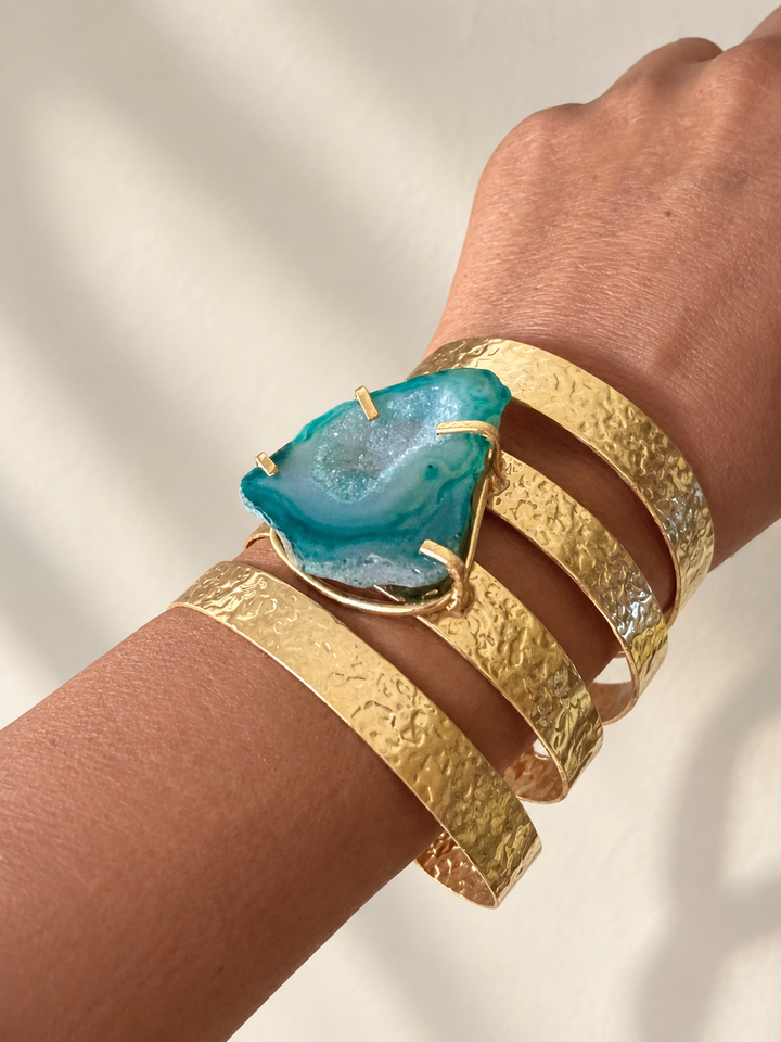 Exquisite Teal Agate Studded Brass Open Cuff - Unparalleled Quality and Style