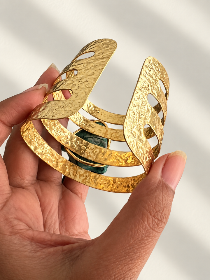 Exquisite Teal Agate Studded Brass Open Cuff - Unparalleled Quality and Style