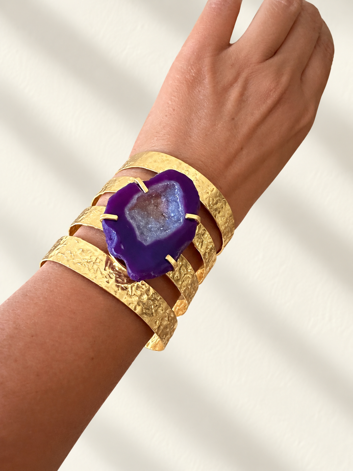 Exquisite Purple Agate Studded Brass Open Cuff - Unparalleled Quality and Style