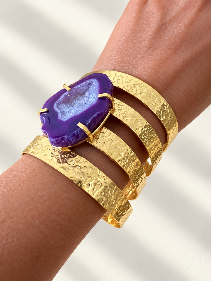 Exquisite Purple Agate Studded Brass Open Cuff - Unparalleled Quality and Style