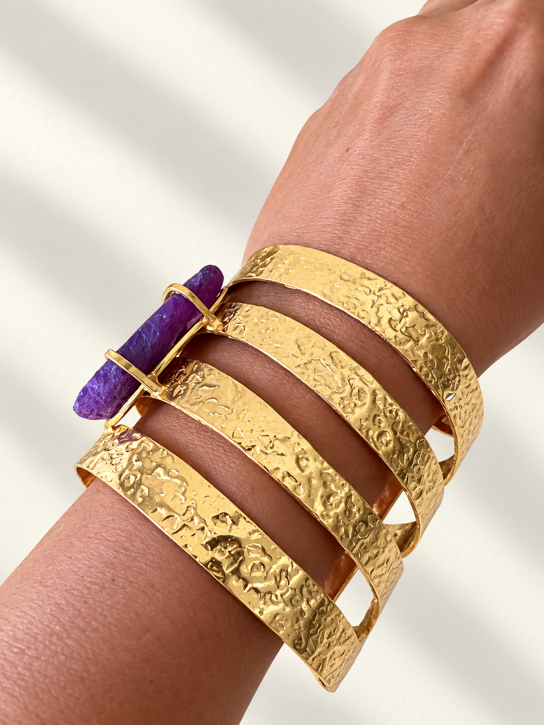 Exquisite Purple Agate Studded Brass Open Cuff - Unparalleled Quality and Style