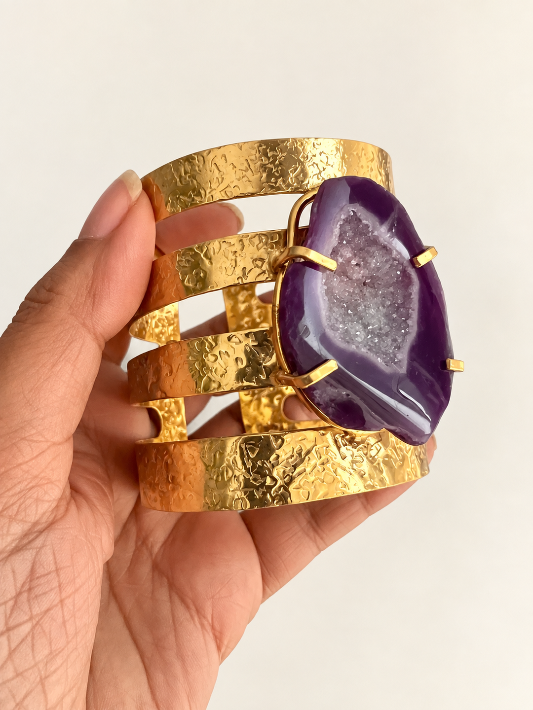 Exquisite Purple Agate Studded Brass Open Cuff - Unparalleled Quality and Style