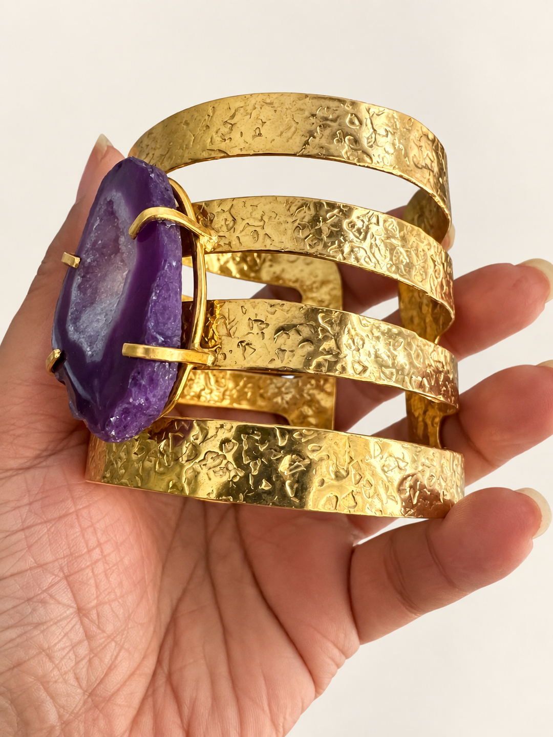 Exquisite Purple Agate Studded Brass Open Cuff - Unparalleled Quality and Style