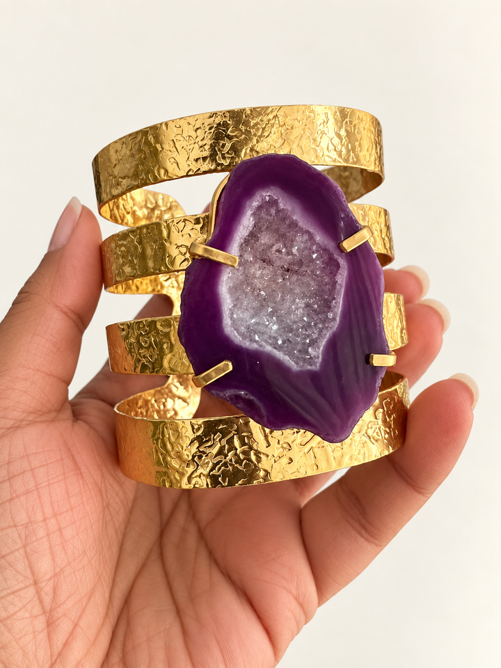 Exquisite Purple Agate Studded Brass Open Cuff - Unparalleled Quality and Style