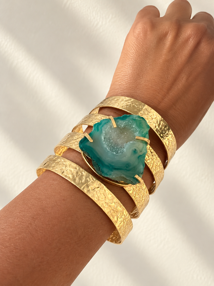 Exquisite Teal Agate Studded Brass Open Cuff - Unparalleled Quality and Style