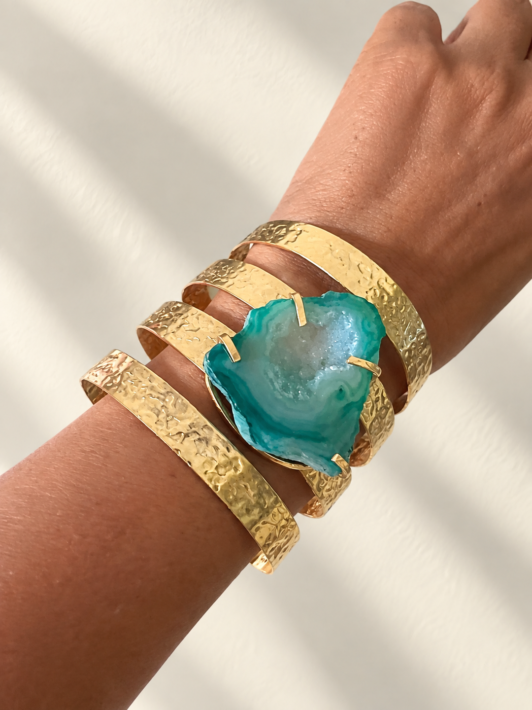 Exquisite Teal Agate Studded Brass Open Cuff - Unparalleled Quality and Style