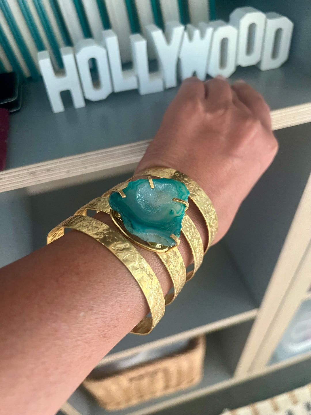 Exquisite Teal Agate Studded Brass Open Cuff - Unparalleled Quality and Style