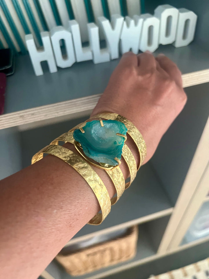 Exquisite Teal Agate Studded Brass Open Cuff - Unparalleled Quality and Style