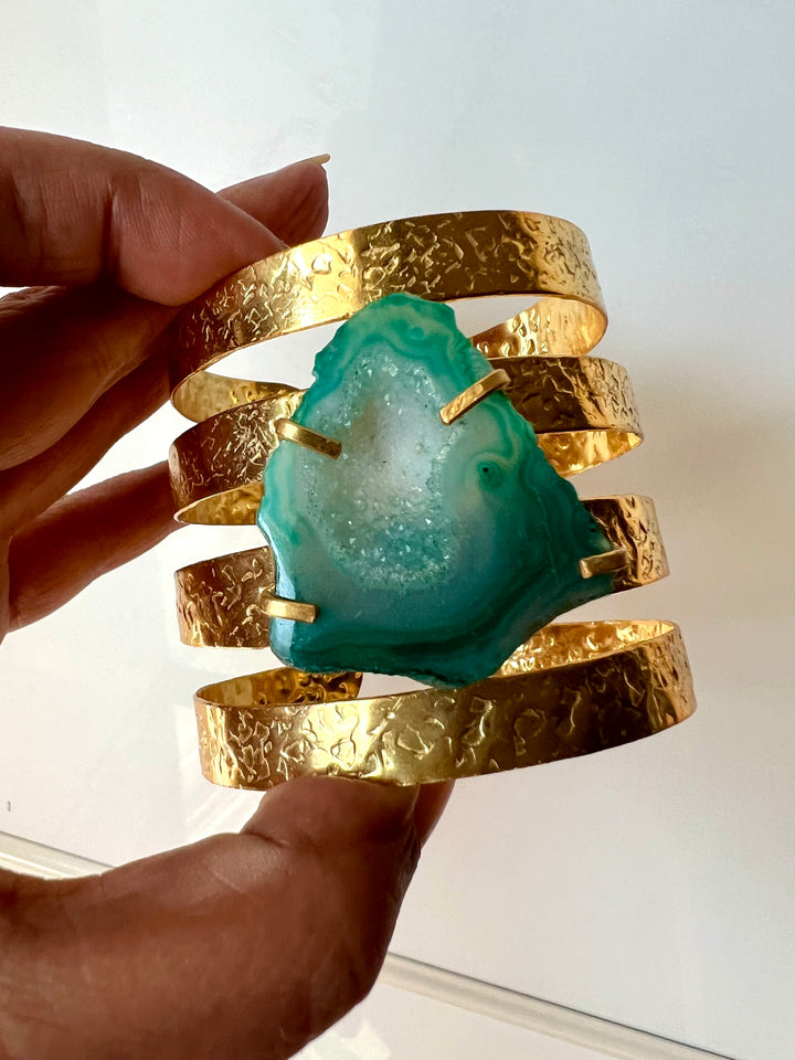 Exquisite Teal Agate Studded Brass Open Cuff - Unparalleled Quality and Style