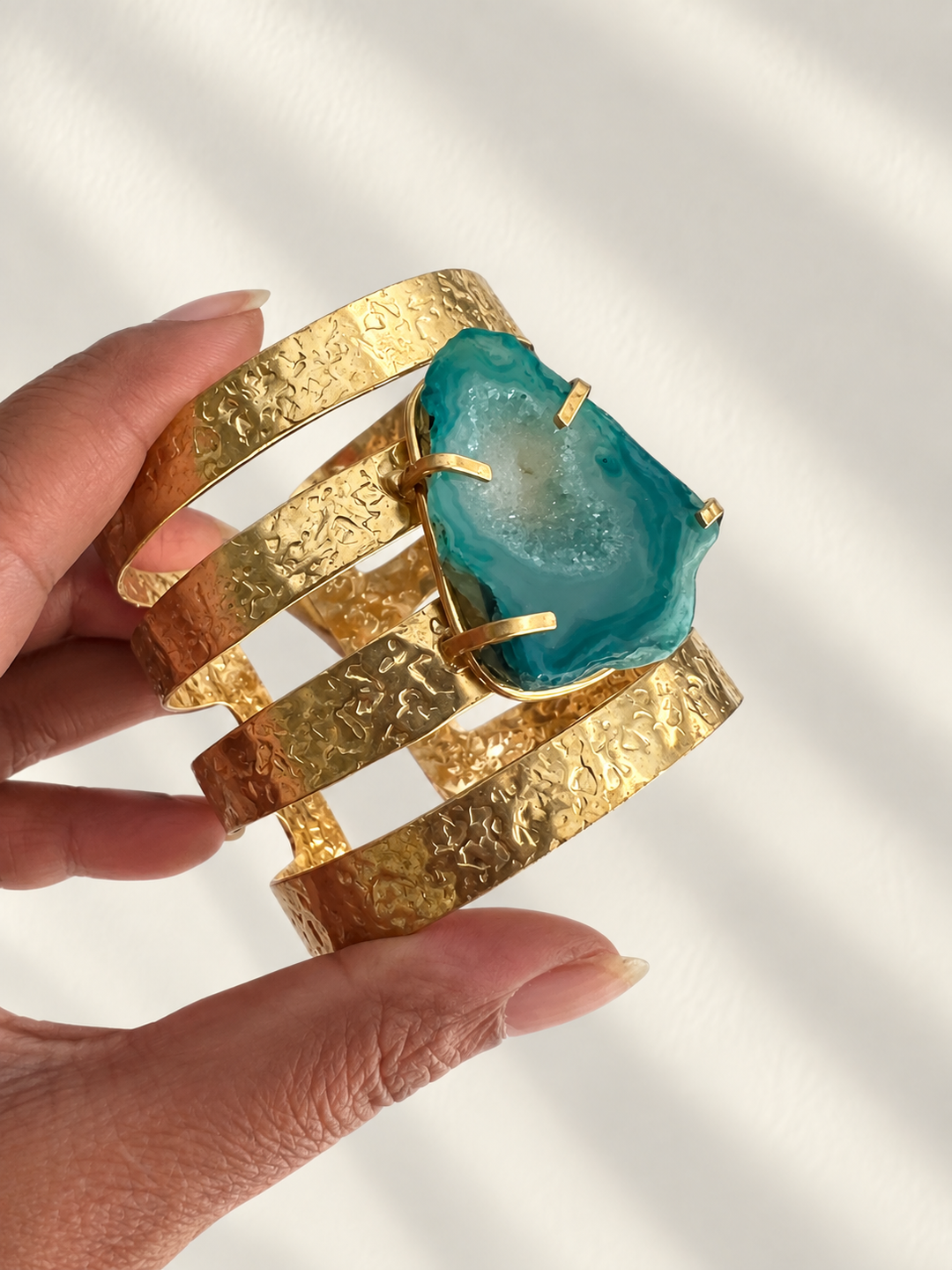 Exquisite Teal Agate Studded Brass Open Cuff - Unparalleled Quality and Style