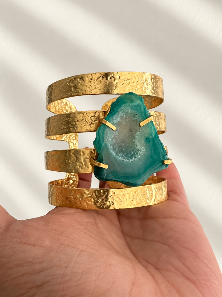 Exquisite Teal Agate Studded Brass Open Cuff - Unparalleled Quality and Style